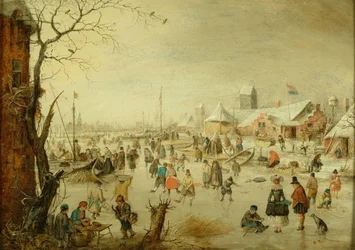 オランダ：アイススケーターのいる冬景色 氷の上の風景
