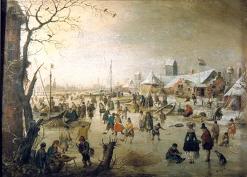 オランダ：アイススケーターのいる冬景色 氷の上の風景
