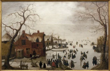 冬の情景-ヘンドリック・アヴェルカンプ（1585-1634）の絵画、木に油彩、1620年頃（冬の情景、ヘンドリック・アヴェルカンプ作、パネルに油彩、1620年頃）-エヴォラ美術館（ポルトガル