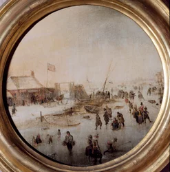 アイススケーターのいる冬の風景 ヘンドリック・アヴェルカンプ（1585-1634）による絵画 直径25cm Musei di Strada Nuova（旧パラッツォ・ロッソ）より