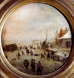 アイススケーターとホッケー選手のいる冬の風景 ヘンドリック・アヴェルカンプ（1585-1634）による絵画 直径25cm Musei di Strada Nuova（旧Palazzo Rosso） Genes イタリア