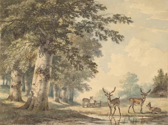冬のブナの木の下の鹿、1853年。
