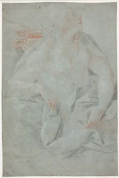 半裸のドレープをまとった女性がマスクを持っている。 「明かされる真実」