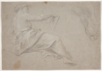 本を持った半横臥のドレープをまとった女性像。 足の研究