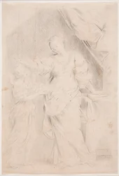 本に左手で立っている女性。 左側では、若者が果物の皿を持ってきますが、彼女はそれを拒否します。