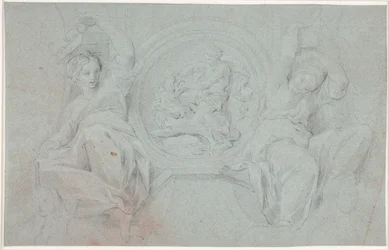 ヘラクレス (またはサムソン) がライオンと戦うメダリオンの周りに座っている 2 人の女性像