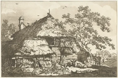 庭で牛、羊 2 頭、ロバがいる農場 風景画を学ぶ人のために計算された12のデザイン（連載タイトル）