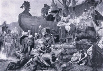 ロシア東部の首長の火葬（10世紀） グレシャム出版社「Landmarks in European History」のイラスト（1920年頃）（リトグラフ版