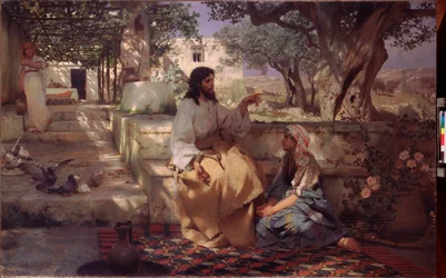 マルタとマリアの家のキリスト。 Henryk Siemiradzki (1843-1902) の絵画、キャンバスに油彩