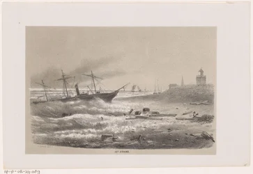 1860 年 5 月 28 日の嵐の間、浜辺でトラブルに見舞われた船 ビーチ（オブジェクトのタイトル） 1860 年 5 月 28 日の嵐の影響を受けたトゥーニーレン ファン デ フェルウォスティングを描いた 10 枚のリトグラフ スケッチのアルバム