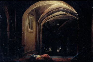 ライトアップされたアーチのある部屋で眠る男たち