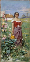水差しをカマルゲーズ フィールドでジプシーを着た若い女性。 Adrien Henri Tanoux (1865-1923) の絵画 20 世紀