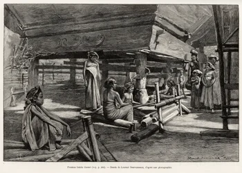 北スマトラの民族であるバタック族の女性が織物をしている様子。ジュール・クレーヌ（1856-1939）が1889年から1890年にかけて執筆した「マレーシアでの1年」の挿絵（Laurent Desrousseaux）。