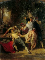 キャバレーの風景 踊っているカップルやキスをしているカップル。アンリ・バロン（1816-1885）の絵画 19世紀 日0.35x0.27 m