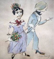 花束を持つカップル」。アンリ・モニエ（1805-1877）フランスの漫画家による水彩画。男性 女性