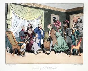 Faubourg St.Honoré、Henri Monnierによる「Six Quartiers de Paris」のイラスト、パブFS Delpechによるリトグラフ。パリ、1828年頃（手塗りのリト）