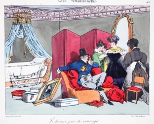 未亡人の最後の日、パブDelpechによってリトグラフされたHenri Monnierによる「Les Marionnettes」のイラスト。パリ、1828年頃（手塗りのリト）