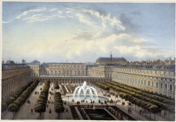 パレ・ロワイヤルの庭園、1820年頃、クルボアジェの「Vues de Paris」（1827年）より