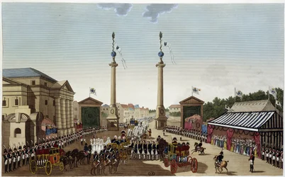 1814年5月3日、ルイ18世に鍵を渡す際のサン・ドニの関門 - 1827年クルボアジェの「パリの眺望」にて