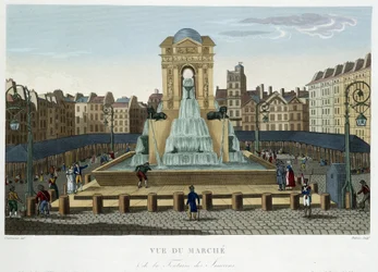 1820年頃の「イノセントの泉」 - 1827年のクルボアジェの「Vues de Paris」にて