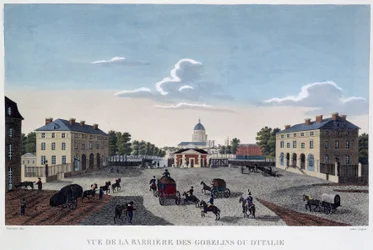 ゴブラン織りのバリエールの眺め - クルヴォワジエの「Vue de Paris, circa 1810: les Barriers de Paris」にて