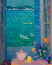 Bouquet de fleurs a la fenetre, Villefranche sur mer - ヴィルフランシュ・シュール・メールの窓辺の花束 - Henri Le Sidaner (1862-1939)の絵画