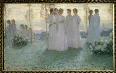日曜日に、白い服を着た女性が庭で話をしている - Henri Eugene (Henri-Eugene) Le Sidaner (1862-1939)の絵画