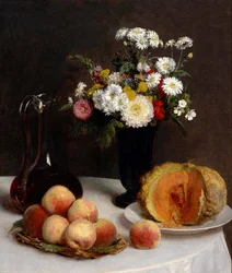 「ワイン、花、果物のデカンタのある静物」アンリ・ファンタン・ラトゥール（1836-1904）による桃とメロンの絵、1865年国立西洋美術館、東京