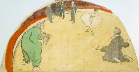 ダンサーやピエロが登場するサーカスショー。ヘンリ・ガブリエル・アイベルス（1867-1936）のパステル画 20世紀 個人蔵