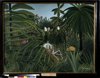 ジャガーに襲われた馬。 ドゥアニエ・ルソーと呼ばれるアンリ・ルソーの絵画 (1844-1910)