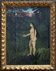地上の楽園のイヴ。アンリ・ルソー（Henri Rousseau dit le Douanier Rousseau, 1844-1910）の絵画、油彩・キャンバス、1906-1907年頃。フランス美術、20世紀、ナイーフ・アート。ドイツ、ハンブルグのクンストハレ。