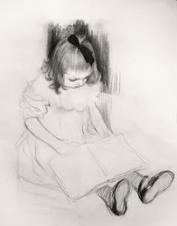 読書する女の子（紙にクレヨン）