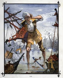 リリパットとブレフスクの船の海戦の中心にいるレミュエル・ガリバー（Lemuel Gulliver）。ジョナサン・スウィフト（1667〜1745）の『ガリバー旅行記』の挿絵