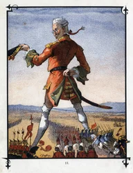 リリパット人の軍隊を指揮するレミュエル・ガリバー。ジョナサン・スウィフト（1667-1745）の『ガリバー旅行記』の挿絵