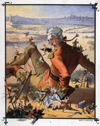 レミュエル・ガリヴァーはリリパット人に縛られる。ジョナサン・スウィフト（1667-1745）の『ガリヴァー旅行記』の挿絵