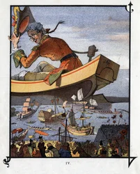 Lemuel GulliverはLilliputiansに別れを告げた。ジョナサン・スウィフト（1667-1745）の『ガリバー旅行記』の挿絵