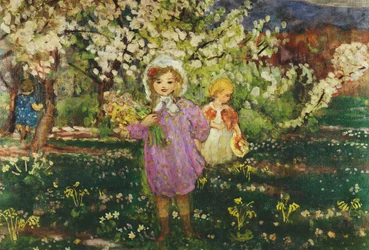 花の果樹園の子供たち。ブルームの子供、果樹園、1914