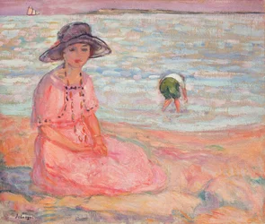 海辺のピンクのドレスを着た女性。海沿いのピンクのドレスを着た女性、1920年頃