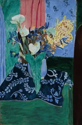 アルム、アイリス、ミモザ（青いテーブルクロスに青い花瓶の花々）