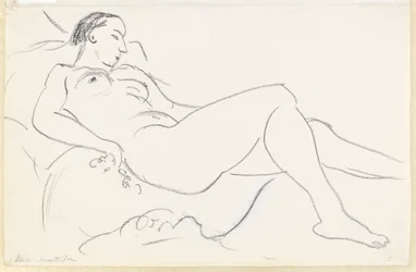 横たわる女性ヌード（紙に白黒チョーク）