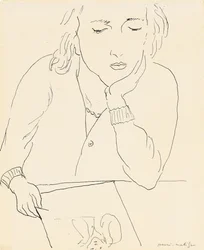 読書する女性（紙にペンとインク）