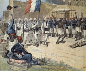 ダホメー（現ベナン）にて：アボメーにフランス国旗を掲揚-1892年10月12日付「Le Petity Journal」にて
