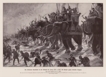 紀元前202年、ザマの戦いでのハンニバルの象（リトグラフ）
