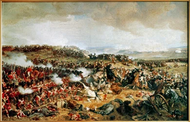 1815年ワーテルローの戦い - 正方形でスコットランド・ハイランドに突撃するフランス騎兵隊... （キャンバスに描かれた絵）