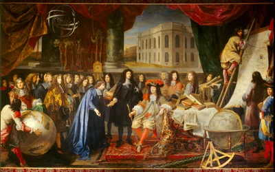 1667年、コルベールがルイ14世に王立科学アカデミーの会員を紹介する