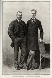 物語の著者である探検家ガブリエル・ボンヴァロ（1853-1933）と航海の写真家であるアンリ・ドルレアン王子（1867-1901）のポートレイト。ガブリエル・ボンヴァロ（18歳）の「パリからトンキンへ、未知のチベットを通って」という物語を説明するための、ティリアットによるエングレーヴィング。