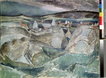 岩の間の村。 Henri Victor Gabriel Le Fauconnier (1881-1946) の絵画
