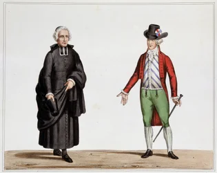 1789年9月に撮影されたクラージュの副官とファッションに身を包んだ男 - ホレス・ド・ヴィエル・カステル伯爵による「フランス革命と帝国の歴史に役立つ衣装、武器、家具のコレクション」からのヴィランのリトグラフ、Canson版