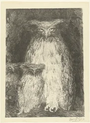 枝に座っている 2 つのフクロウの雛とフクロウ 3羽のフクロウの研究 レプルーヴ（シリーズタイトル）