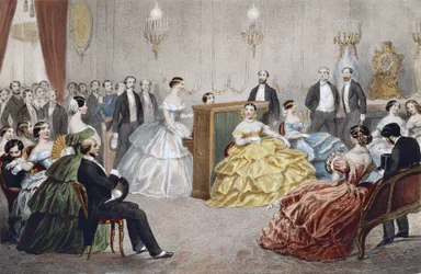 パリの夜 - アンリ・ド・モントー（1825-1890）とJ.シャンパーニュによるエングレーヴィング - パリのパーティ：アンタン湖畔でのコンサート。エングレーヴィングです。